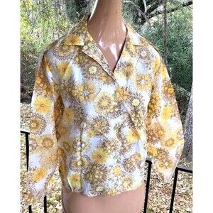 60s 70s Vintage Yellow Abstract Print Blouse, 34 Inch Bust, Size Small
